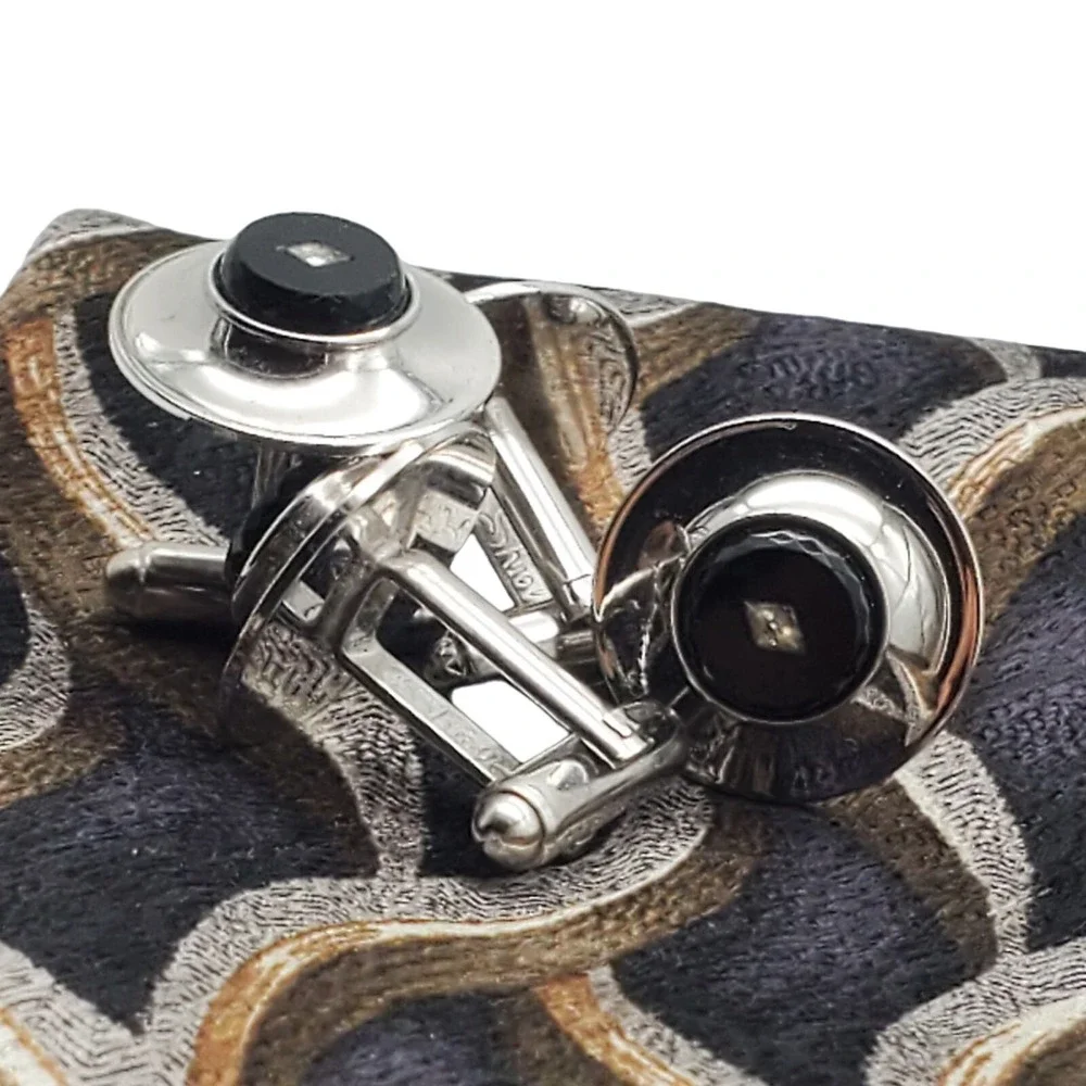 Black Onyx Crystal Cufflinks Silver Tone Shields 5th Avenue Suit Accessory Set 2